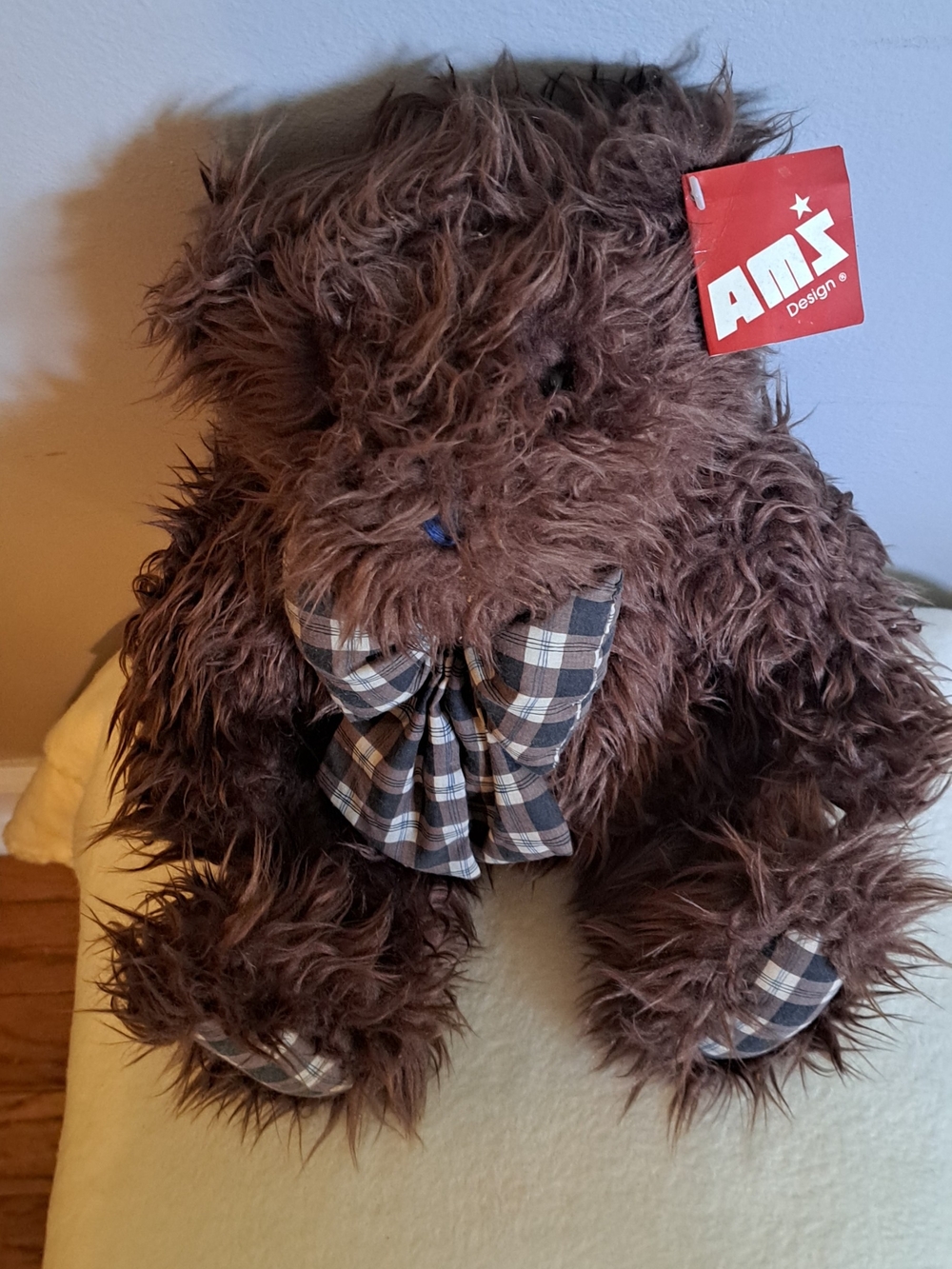 AMS Design Brown Plush Teddy Bear with Plaid Bow